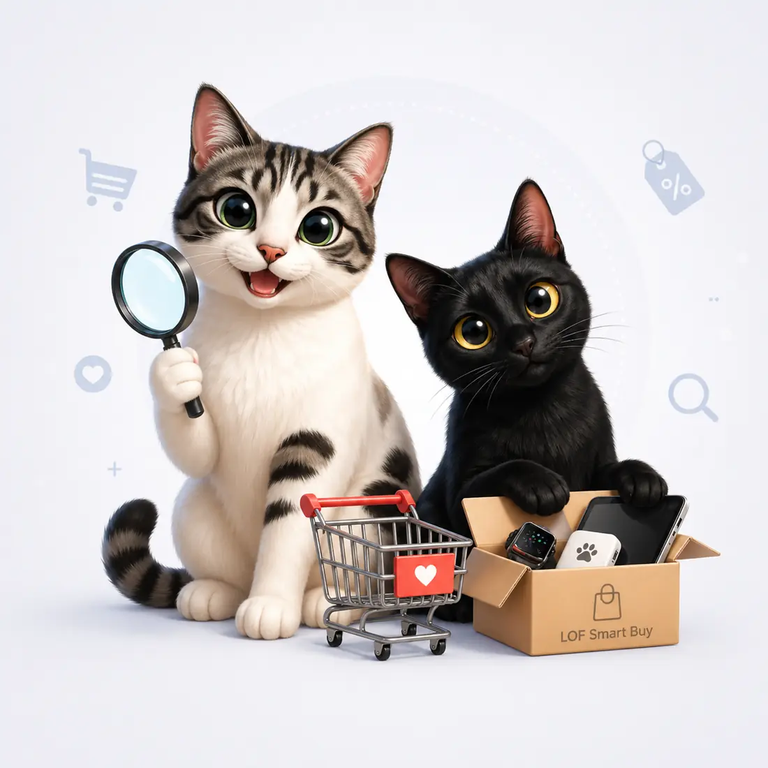 Mascotes da LOF Smart Buy com lupa, carrinho e caixa de produtos